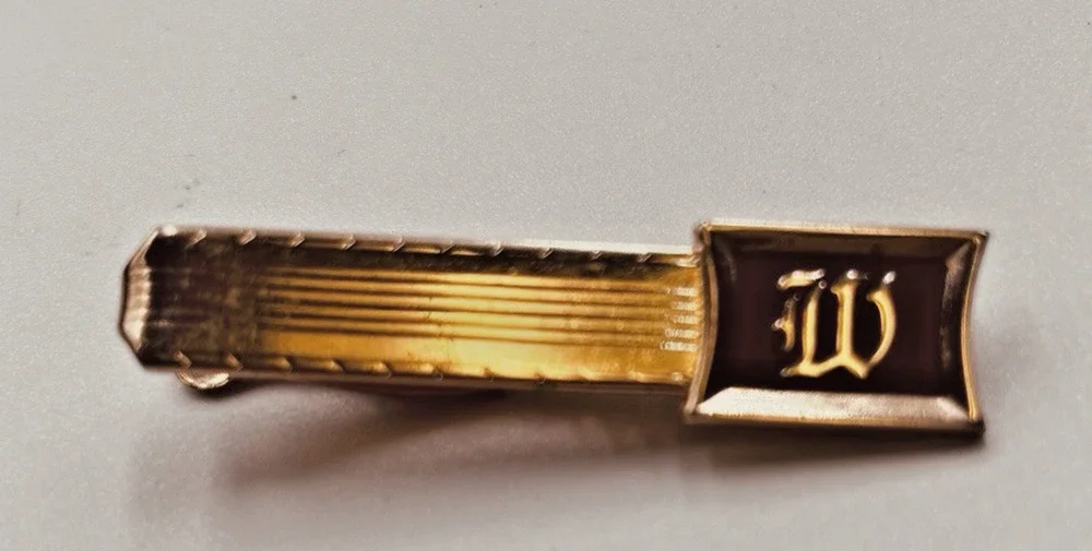 Vintage Hickok USA Tie Clip Bar Clasp Initial W Gold Tone Black Monogram Retro